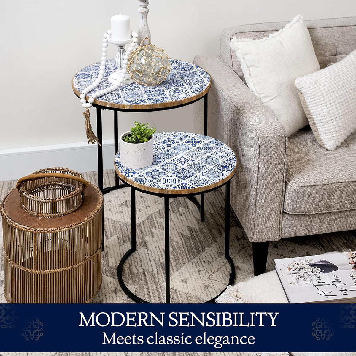 Blue and White Set of 2 Side Tables with Metal Frame and Wooden Top V39142