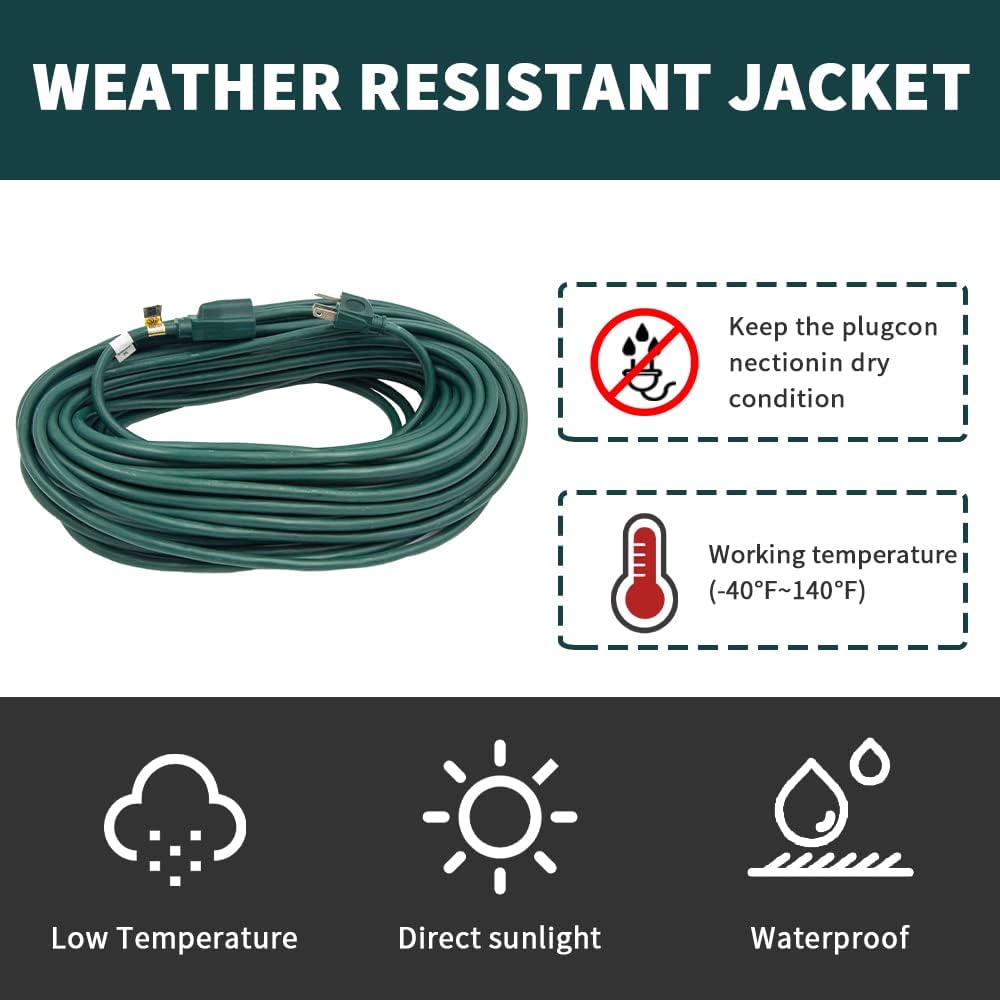 100 Ft Weatherproof 16/3 SJTW Green Extension Cord with 3 Prong Grounded Plug F6766