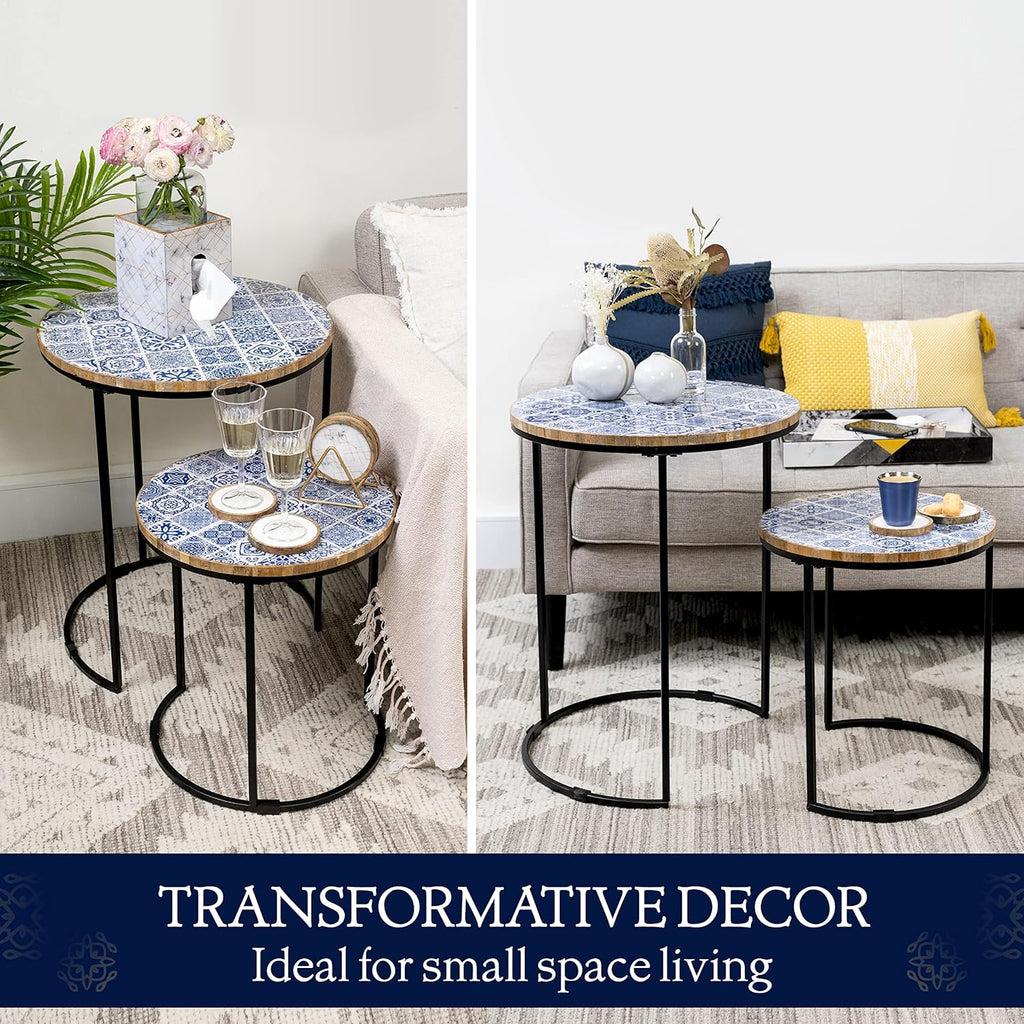 Blue and White Set of 2 Side Tables with Metal Frame and Wooden Top V39142