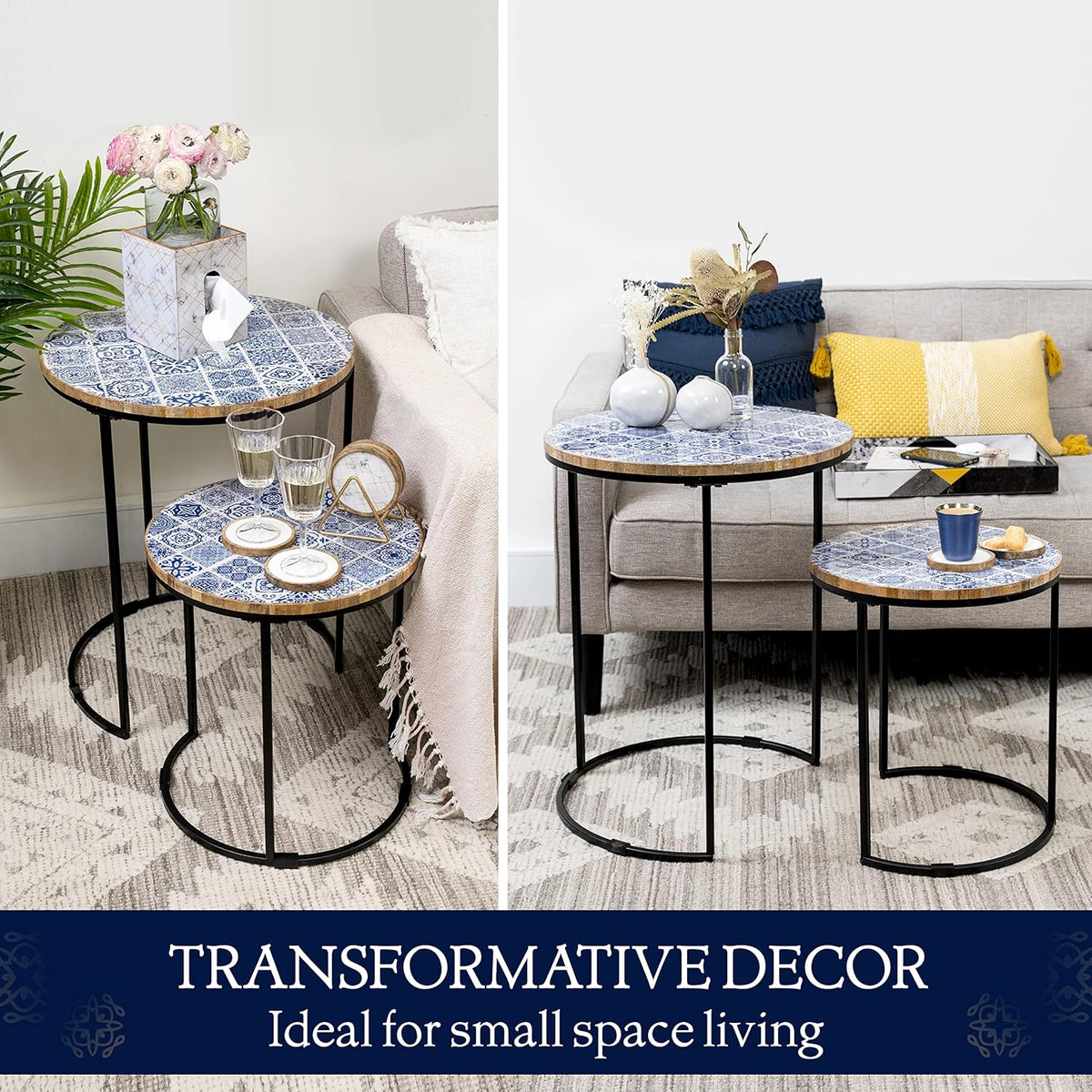 Blue and White Set of 2 Side Tables with Metal Frame and Wooden Top V39142