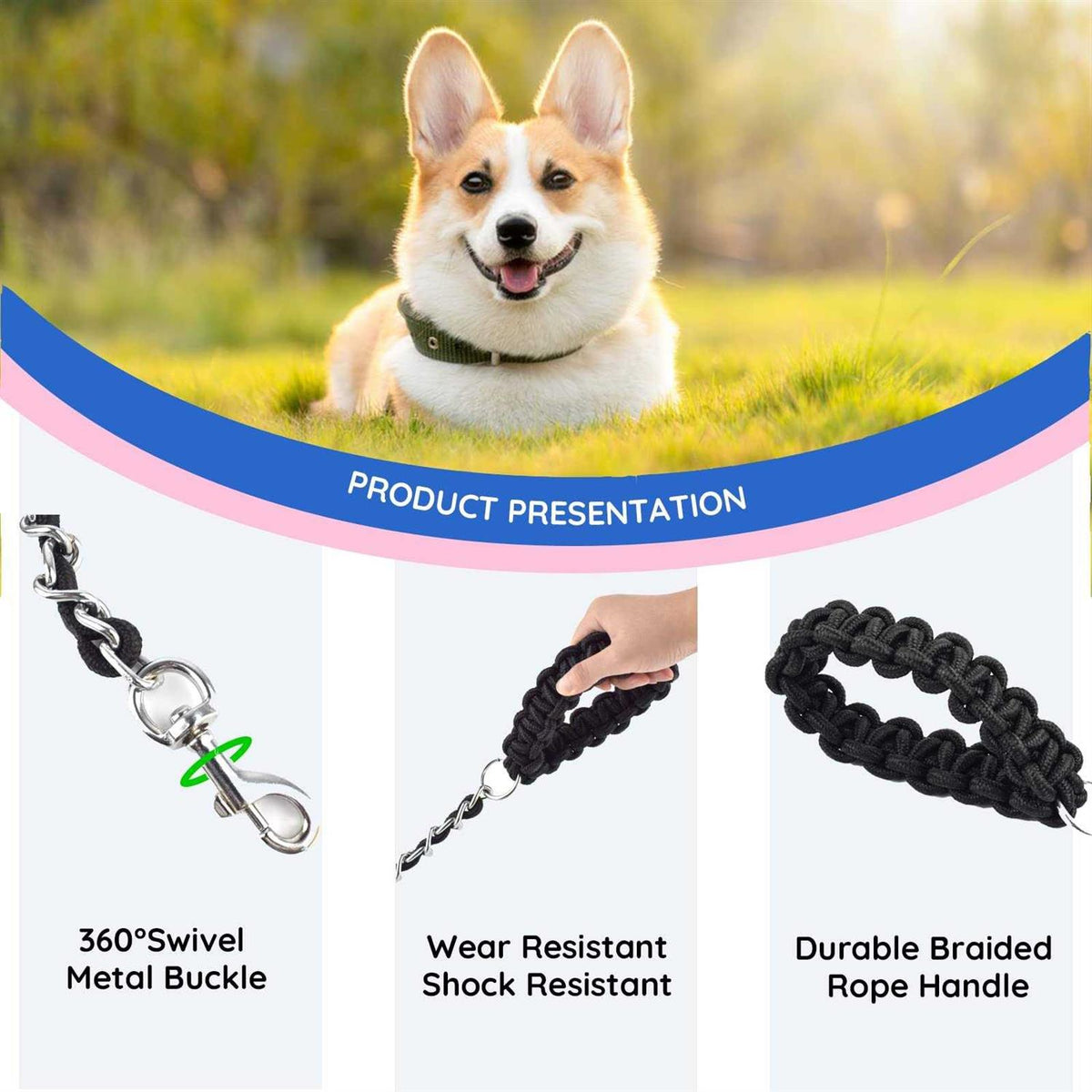 Chew Proof 5.5ft Heavy Duty Dog Leash Metal Chain Lead with Soft Rope Handle Z409128