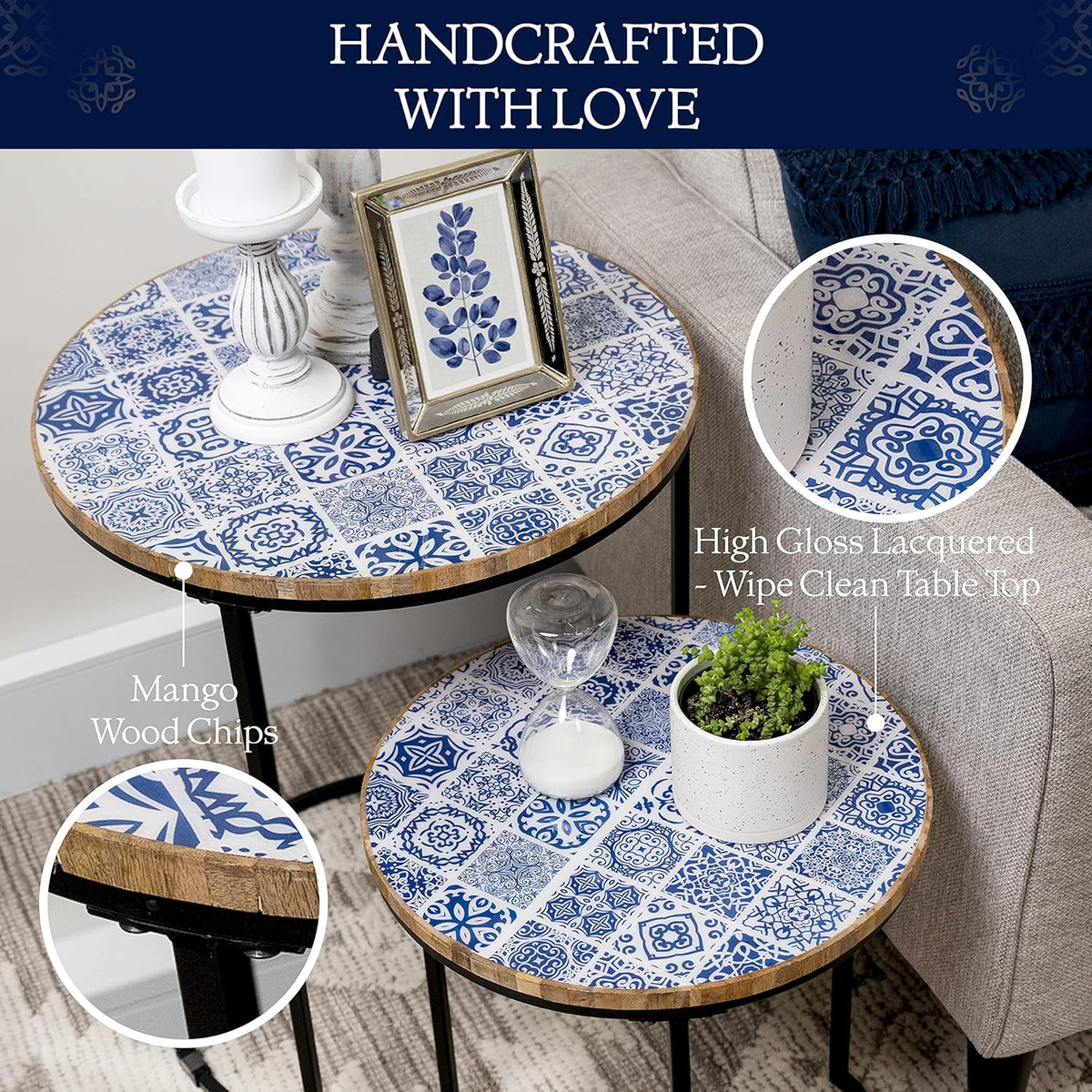 Blue and White Set of 2 Side Tables with Metal Frame and Wooden Top V39142