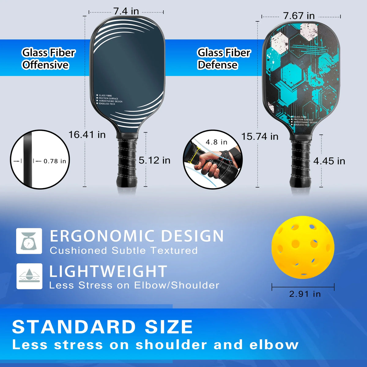 Lightweight Fiberglass Pickleball Paddles Set with 4 Balls I27526