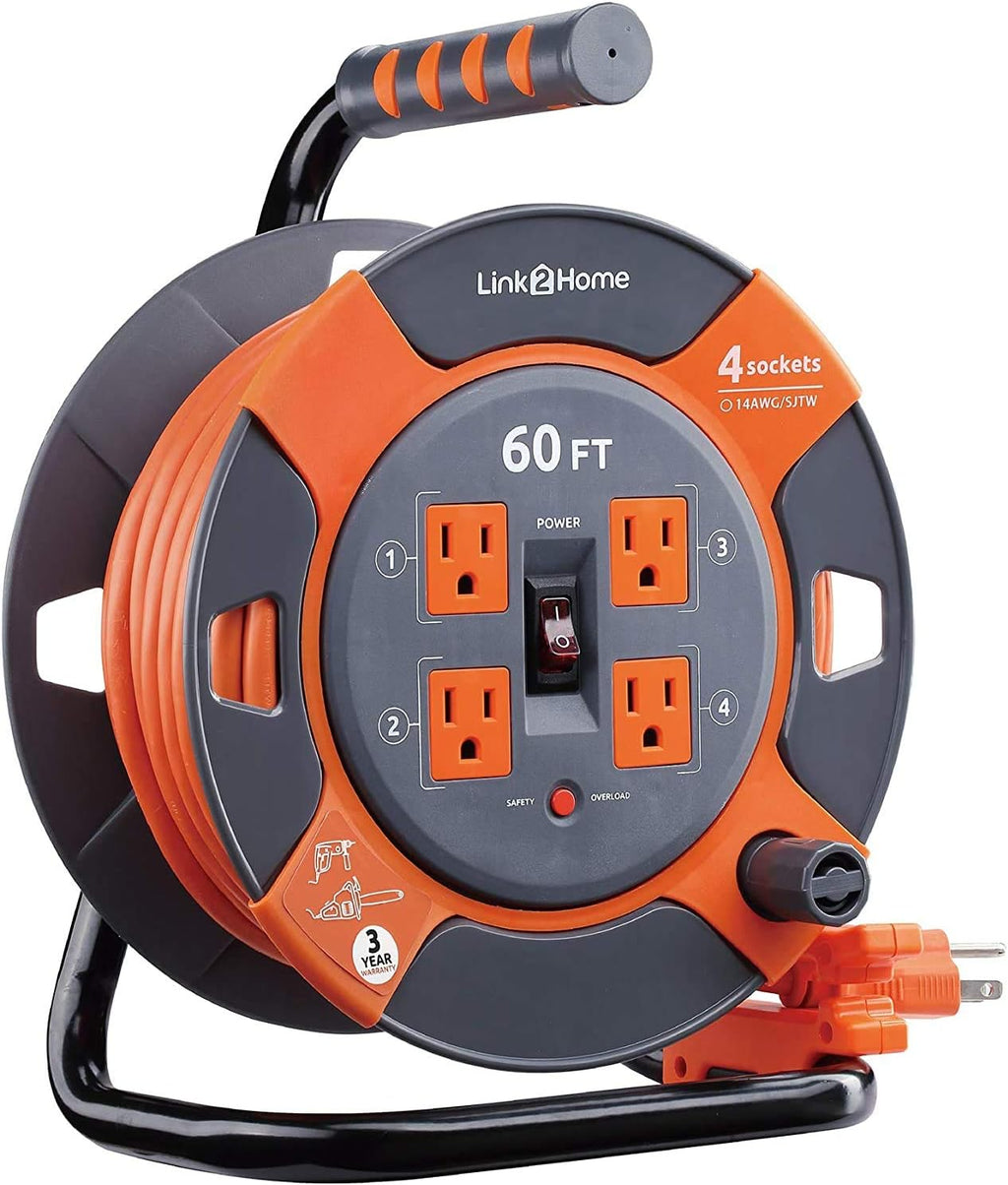 Cord Reel Extension Cord 4 Power Outlets 14 AWG SJTW 60 Feet F749