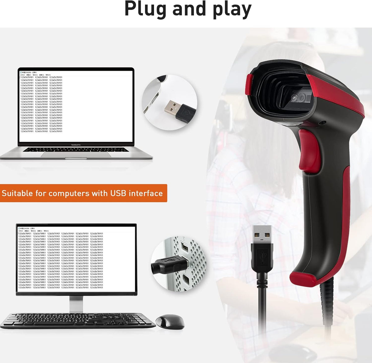 Wired 2D QR 1D Barcode Scanner with USB Cable I362