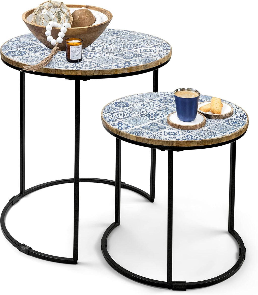 Blue and White Set of 2 Side Tables with Metal Frame and Wooden Top V39142