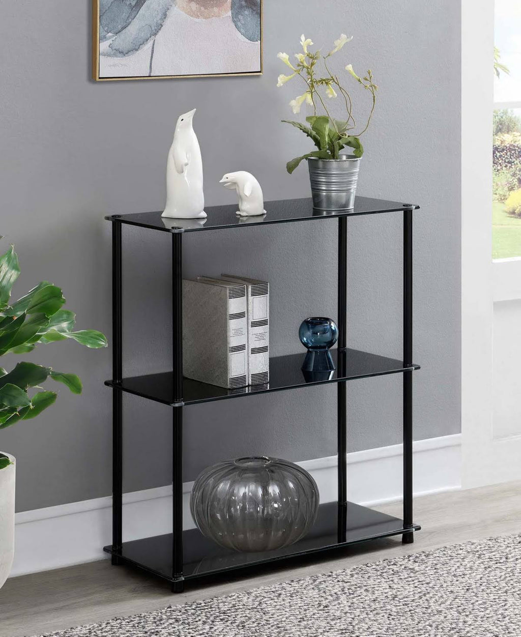 Black 3-Shelf Glass Bookcase N231