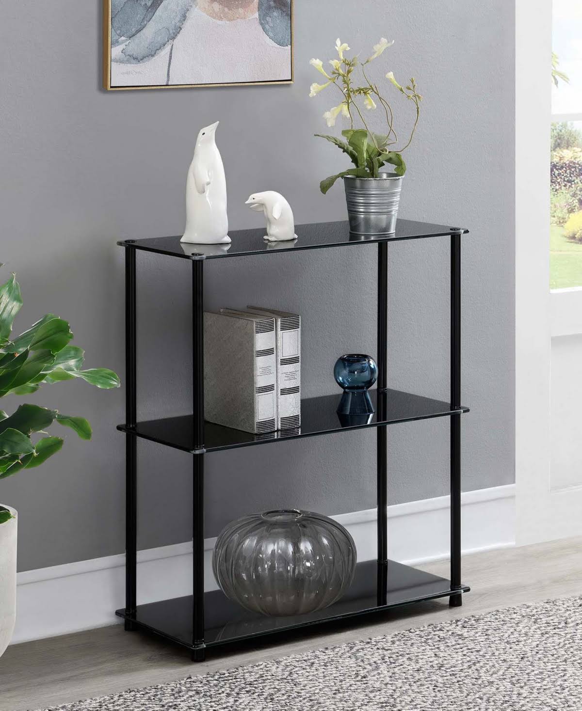 Black 3-Shelf Glass Bookcase N231