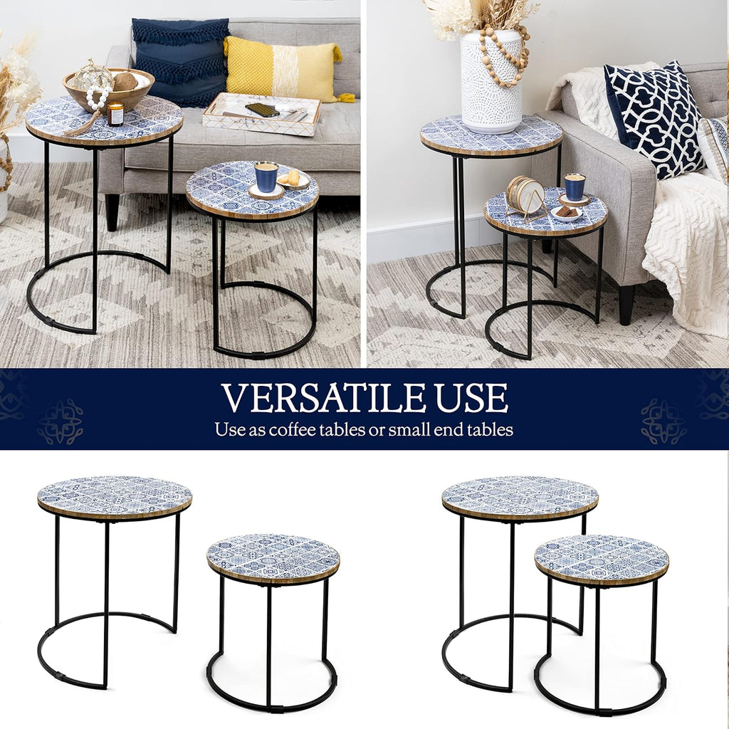 Blue and White Set of 2 Side Tables with Metal Frame and Wooden Top V39142