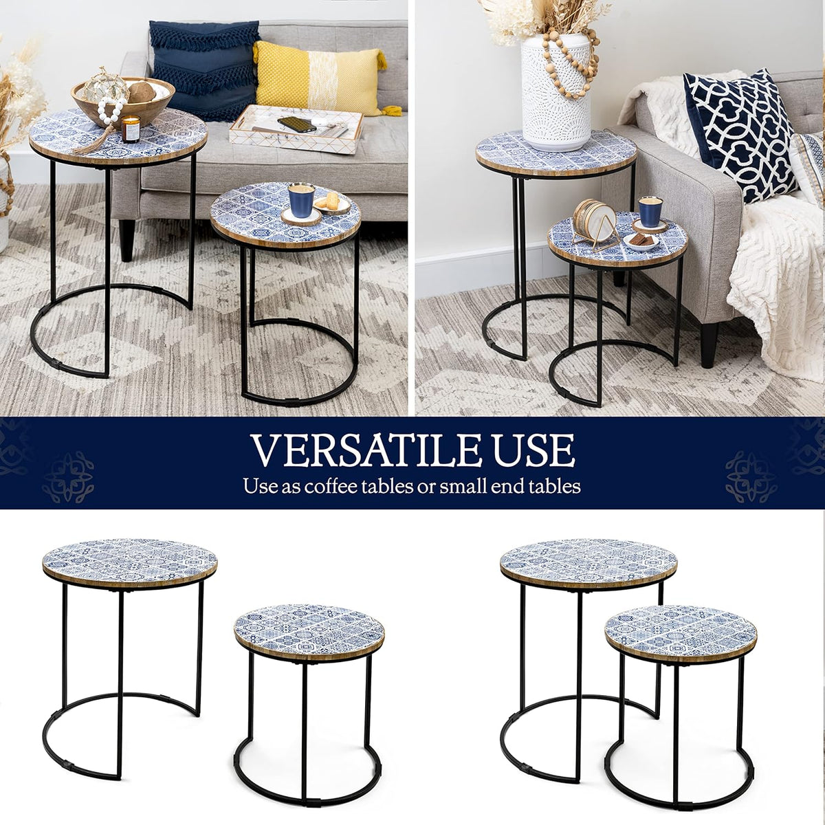 Blue and White Set of 2 Side Tables with Metal Frame and Wooden Top V39142