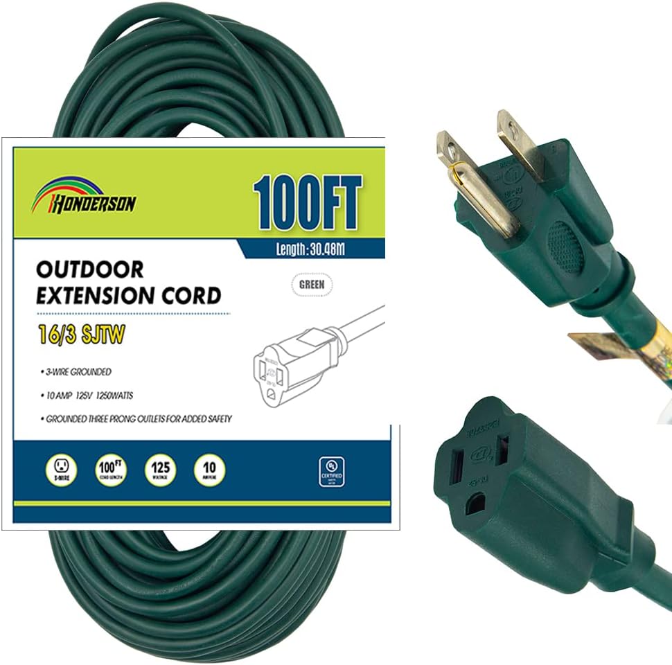 100 Ft Weatherproof 16/3 SJTW Green Extension Cord with 3 Prong Grounded Plug F6766