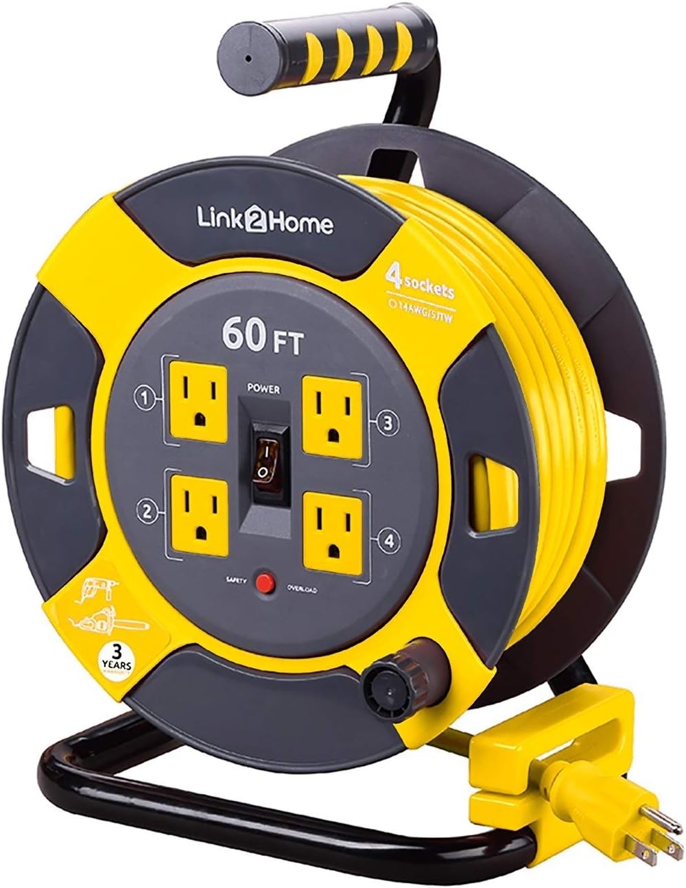 Cord Reel Extension Cord 4 Power Outlets 14 AWG SJTW 60 Feet F749