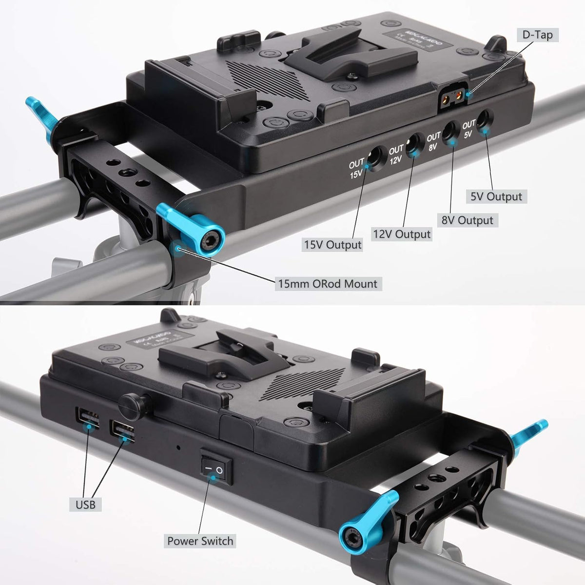 V-Mount Lock Battery Plate Power Supply Splitter Adapter with 15mm Rod Clamp L550180