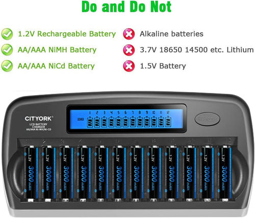 12 Slot LCD Smart Rechargeable Battery Charger for AA AAA NiMH NiCD J526