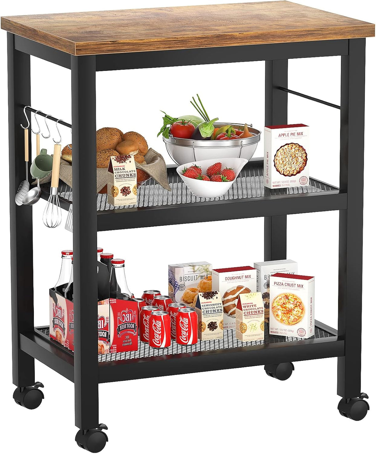 3 Tier Kitchen Cart with Wheels and 5 Hooks O564847