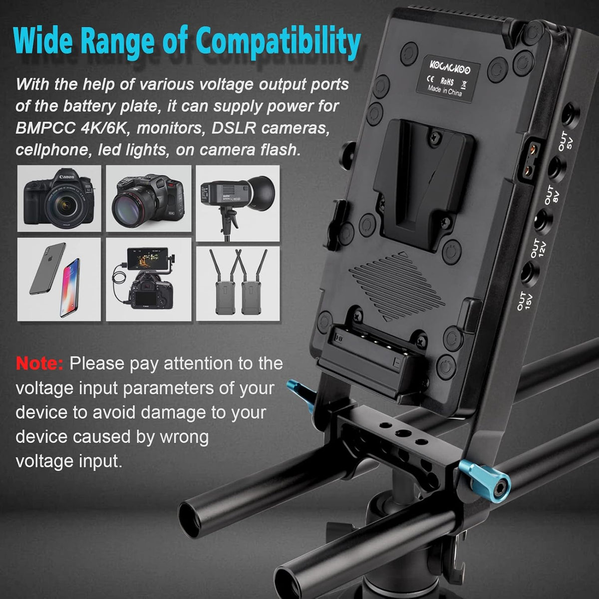V-Mount Lock Battery Plate Power Supply Splitter Adapter with 15mm Rod Clamp L550180
