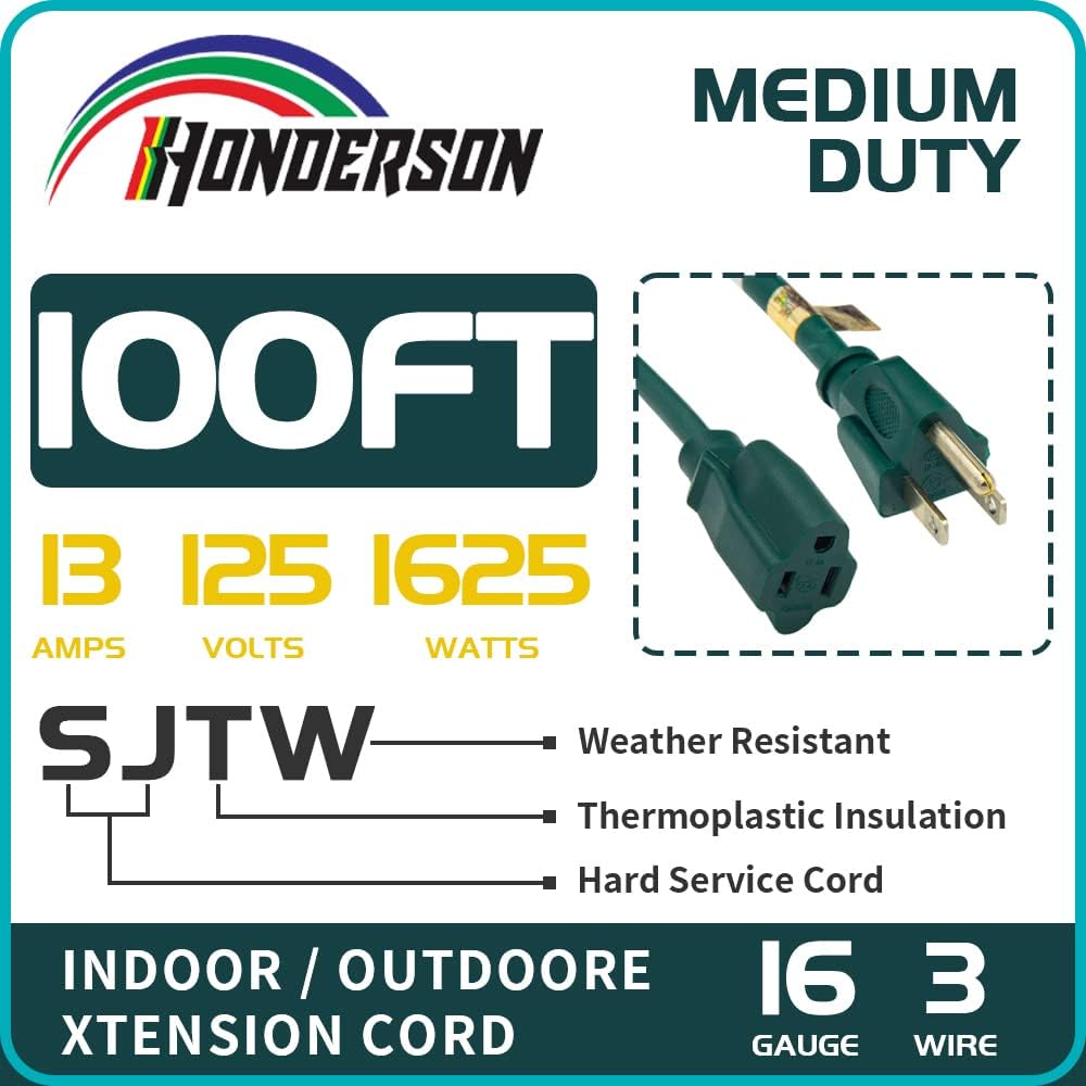 100 Ft Weatherproof 16/3 SJTW Green Extension Cord with 3 Prong Grounded Plug F6766