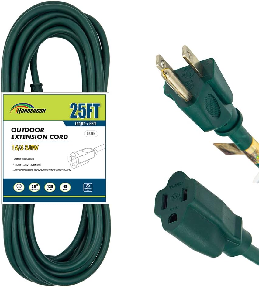 100 Ft Weatherproof 16/3 SJTW Green Extension Cord with 3 Prong Grounded Plug F6766