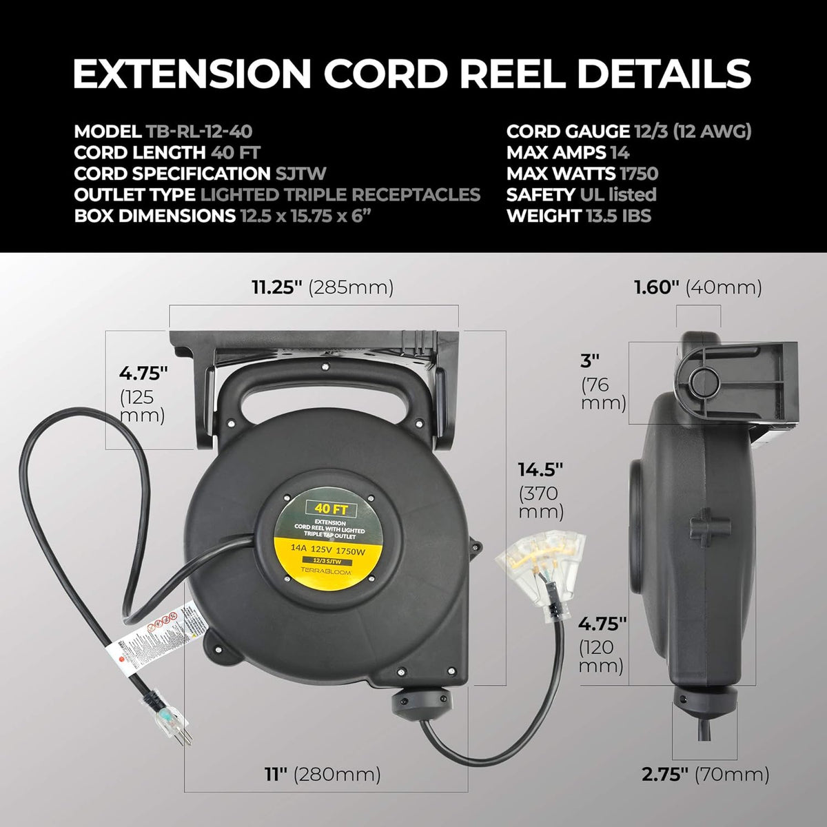 40 Ft 12/3 Retractable Extension Cord Reel with 3 Outlets U84655
