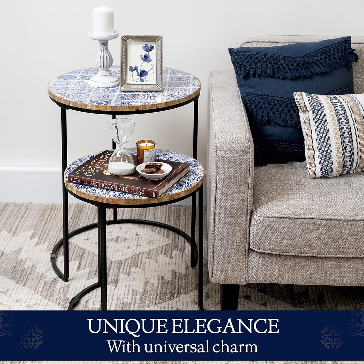 Blue and White Set of 2 Side Tables with Metal Frame and Wooden Top V39142