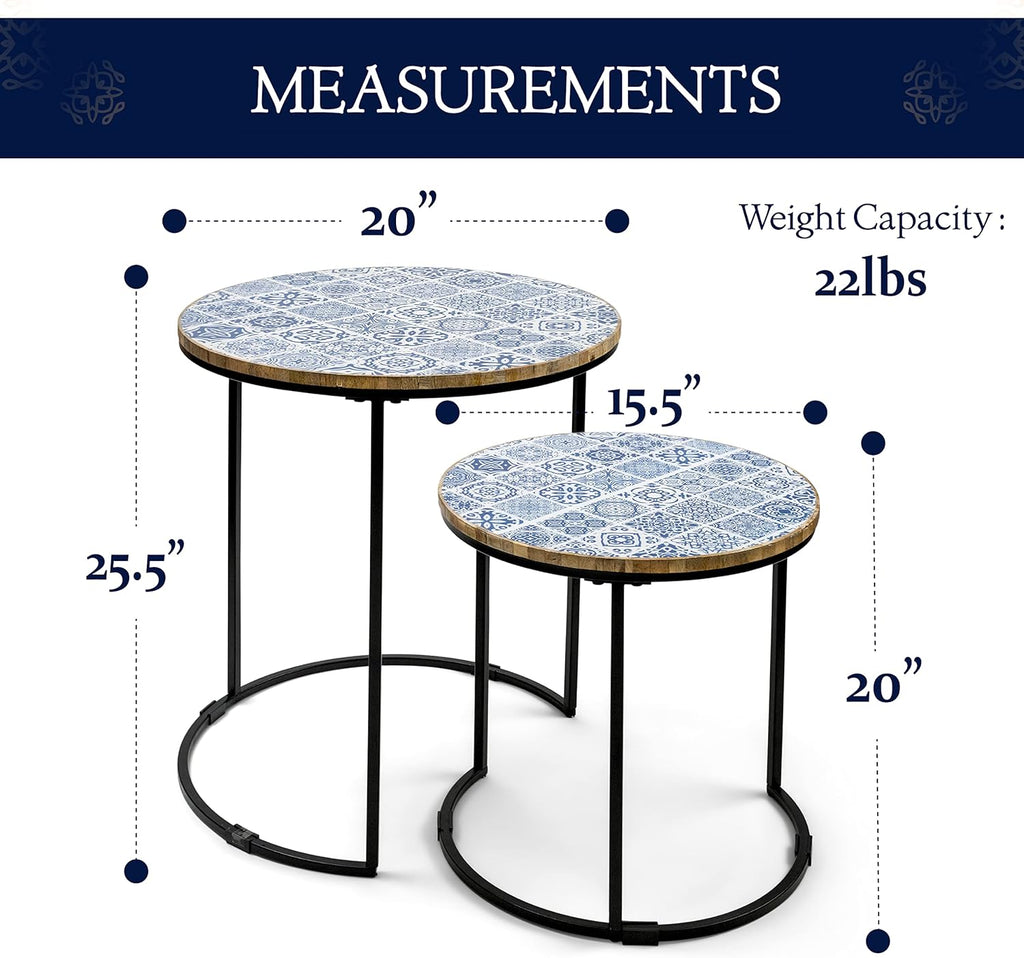 Blue and White Set of 2 Side Tables with Metal Frame and Wooden Top V39142
