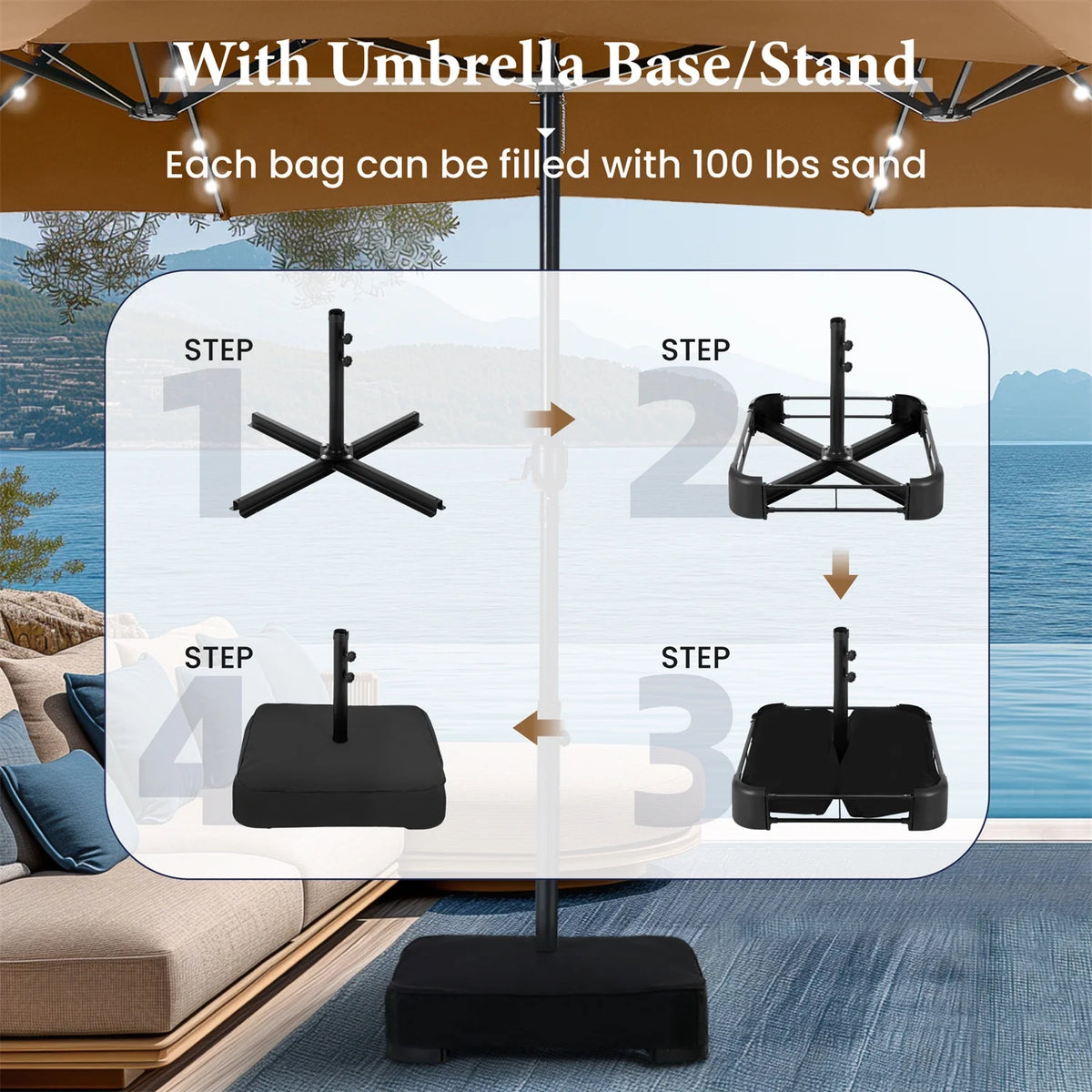 15 FT Double-Sided Solar Patio Umbrella with Base E68514