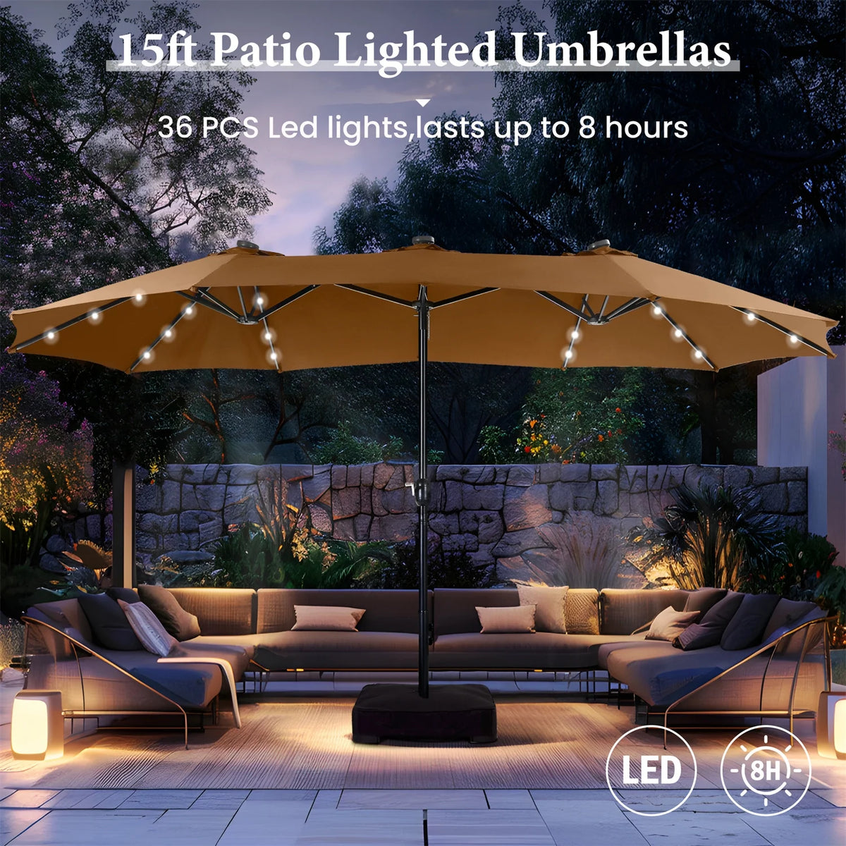15 FT Double-Sided Solar Patio Umbrella with Base E68514