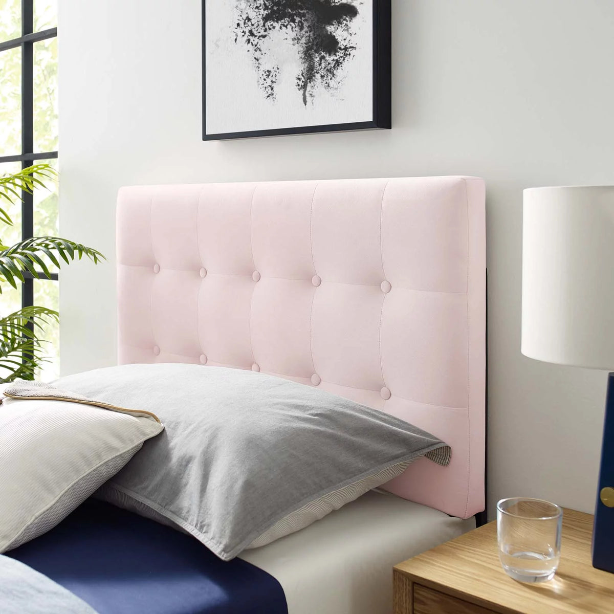 Pink Velvet Twin Size Tufted Headboard F73898
